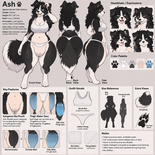 A curvy female anthropomorphic border collie named Ash that has a pouch like a kangaroo and water sacs in her thighs, her thigh sacs can hold up to 15 gallons of water( 7.5 in each sac ), has a cotton thong and a sports bra on, doesn’t have a kid, animated version, reference sheet 