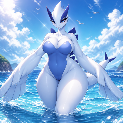 A well-made adult anthro Pokemon character, a female Lugia. Wonder around in the ocean. Has thick thighs and eyeliner. Enjoy the day. Very confident. Front view.