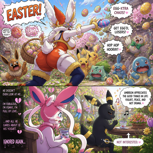 A busty well-made fluffy female Pokemon character, Cinderace. Who celebrates on every Easter Day and shouts, EASTER! And wrecking up a place like a crazy party gal while she knocked other terrified Pokemon by throwing eggs at them but A cute but creepy but a gay male Sylveon just as sad and irritating about being ignored by a male Umbreon while eating a healthy yogurt distracted and appreciated. All well-made characters. A dramatic and a funny comedy show. A comic views. Spring season. Side/back view.