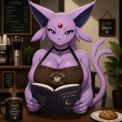 A well-made busty grown female Espeon, who works at a coffee bar that wears an apron. Having a lunch break. A animated version. Reading a book. Front view.