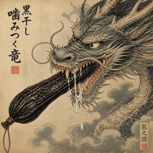 Japanese art style.dragon biting long black dry sausage.white mucus.