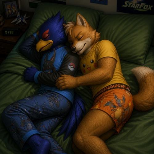Falco Lombardi wearing Lucario themed sleepwear. He is sleeping on a bed with green sheets. Sleeping next to him is his boyfriend Fox McCloud wearing Charizard theme boxers and a Pikachu theme shirt.