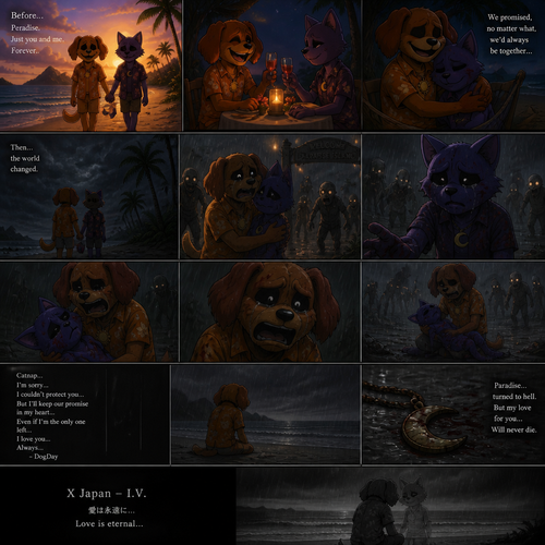 In this anthro critter verse, two soulmates; DogDay and his boyfriend Catnap both on vacation for some romantic on a paradise island before, but then after the zombie apocalypse just started not long ago in a rain. Well-made animation version. A sad ending. The song; X Japan, I.V. 