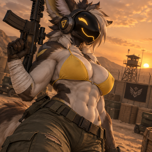 A digital illustration of an anthropomorphic Protogen character with an attractive, muscular physique—displaying powerful biceps, a full bust, and defined abs. She wears worn-looking olive-green military pants and a bright yellow bikini top, maintaining a confident expression. Her right arm is heavily wrapped in white bandages extending from the wrist to the mid-forearm, and she holds a black tactical rifle. She poses confidently and with a hint of excitement in front of a desert military base; the silhouette of a distant watchtower and a wire fence stand out against a hazy, orange-hued sky. The composition is a half-body shot focusing on the character's torso and face, utilizing a dramatic, extreme angle. Directional lighting creates soft shadows that accentuate the contours of her silhouette. The color palette is dominated by subdued earth tones that contrast sharply with her fur and the vibrant yellow of her swimwear. The atmosphere is rugged yet serene.