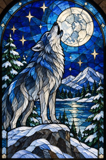 A blue and grey and white siberian wolf howling at the moon in a winter landscape.