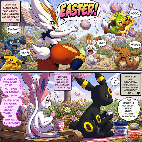 A busty well-made fluffy female Pokemon character, Cinderace. Who celebrates on today’s Easter Day and shouts, EASTER! And wrecking up a place like a crazy party gal while she knocked other terrified Pokemon by throwing eggs at them but A cute but creepy but a gay male Sylveon just as sad and irritating about being ignored by a male Umbreon while eating a healthy yogurt distracted and appreciated. All well-made characters. A dramatic and a funny comedy show. A comic views. Spring season. Side/back view.