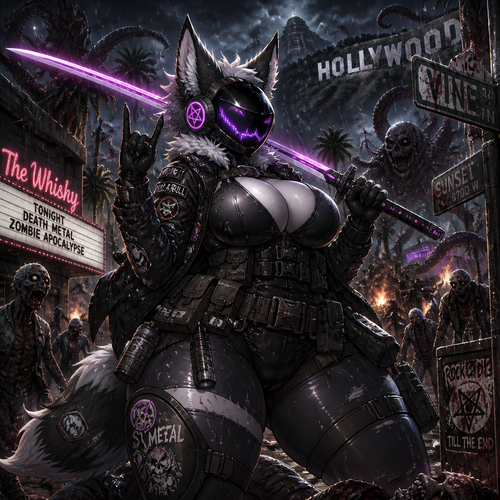 A busty well-made badass adult anthro waterproofed Protogen that has thick thighs and survival gear on while holding a saber sword that loves to rock and roll by facing a mixed up dark spicy lovecraft zombie apocalypse, in Hollywood alone. Anime verse.