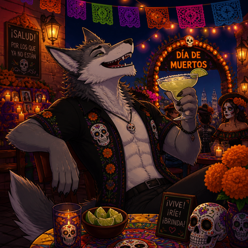 A grown male grey Wolf/Sergal who is having a blast and drinking margaritas on today’s Day of the Dead in America/Mexico. Animated version. 
