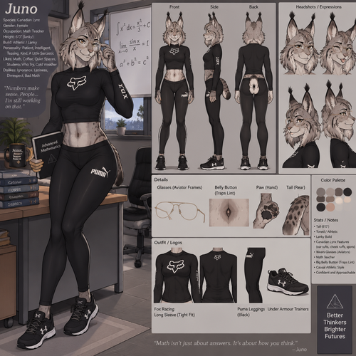 A beautiful lanky female anthropomorphic Canadian Lynx named Juno, has toned abs, has cheek ruffs and ear tufts like a normal lynx, is wearing a long sleeve fox racing skin tight shirt a pair of black Puma and a pair of under armor trainers, has a big belly button that traps lint, wears glasses, her glasses are aviator frames, is a math teacher, is in a room alone, animated version, reference sheet, one big picture 