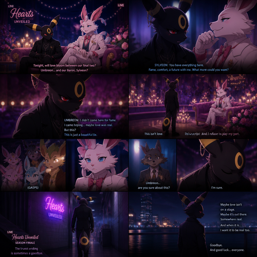 In a well-made anthro Pokemon universe, an non-rich grown male half gothic Umbreon refuses to accept the sham date with a grown richest male Sylveon (the Barron) on a live dating fantasy show (in modern life) and decided to leave because love isn’t here. A well-made animated version. A sad but a good truthful ending.