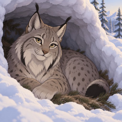 A beautiful female Canadian lynx is a den made in the side of a snow bank, animated style