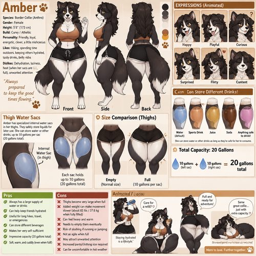A curvy female anthropomorphic border collie named Amber that has special water sacs in her thighs, the sacs are basically just water storage, can store other drinks in her thighs if she wants to, can hold a total of 20 gallons (10 per sac), reference sheet, animated version, show pros and cons, show the size difference between full and empty 