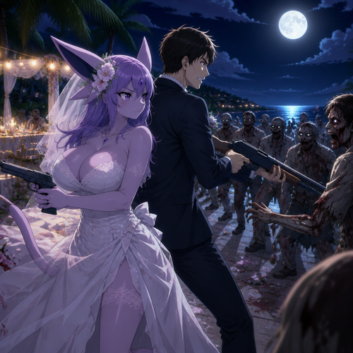 In this reality, at the wedding right before everything was perfect and then after the zombies crashed the party. A busty adult female anthro Espeon the bride and her human groom as husband and wife stand together and face the living dead at night. A well-made anime version. A modern life. On a tropical island. Side view.