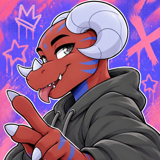 Cartoon red dragon in a black hoodie against a colorful starry background.