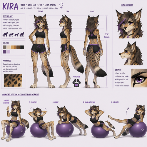 A teenager female anthropomorphic wolf cheetah fox and Lynx hybrid using a exercise ball, reference sheet, animated version 
