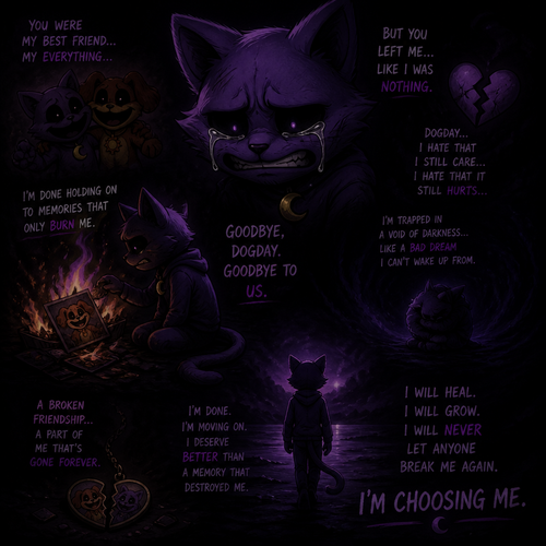 In Smiling critters verse, Catnap with feelings hurt and tears with anger and a heart broken, wants to forget about his ex-friend DogDay and let his memories ablaze. Trapped Into a void of darkness like a bad dream. A broken friendship. Moving/carry on.