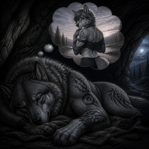 A well-made big and strong alpha male grey wolf tribal adult who is very sad and alone in a cave, sleeping in peacefully, and dreaming in thoughts of how much he misses his ex-mate the grown femboy grey wolf omega tribe in his sleep.