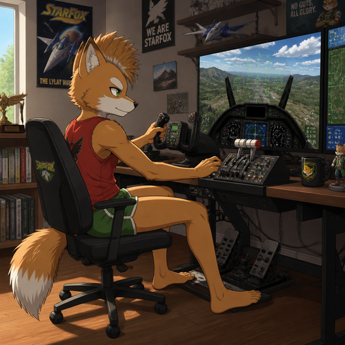 A teenage Fox McCloud wearing green short shorts, red sleeveless shirt, no shoes, and a mohawk hairstyle. Sitting at his computer desk playing a flight simulator with realistic flight controls. Anime art style, full body.