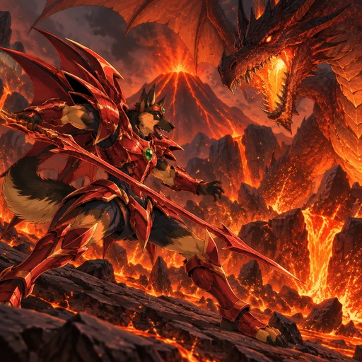 A male German shepherd wearing the fire dragoon armor from Legend of Dragoon. He is fighting a dragon in a volcano. Anime art style, full body.