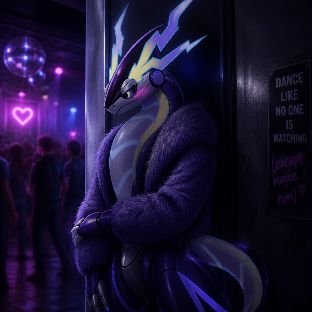 A well-made embarrassed serious male Pokemon, Miraidon. Standing alone in a corner of dance party at night. Wears fake fur jacket. Blushing. Wears eyeliner. Secretly gay.