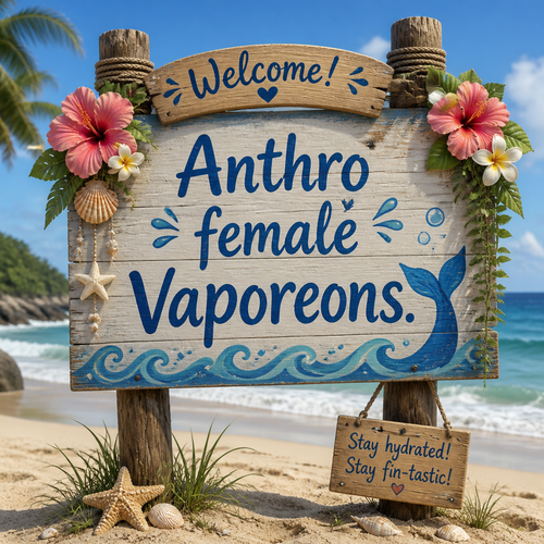 A welcoming sign on a beach says; Anthro female Vaporeons.