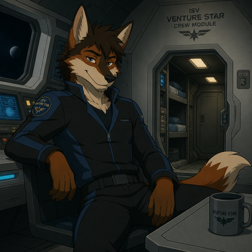 A male anthropomorphic fox wolf hybrid inside the crew module of the ISV Venture Star from the Avatar franchise, animated version 