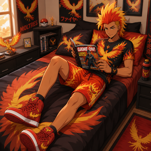 A male Phoenix wearing Moltres themed shirt, fire themed shorts, red high top shoes, and a plumage mohawk hairstyle. He is laying on his bed reading a gaming magazine. Anime art style, solo, full body.