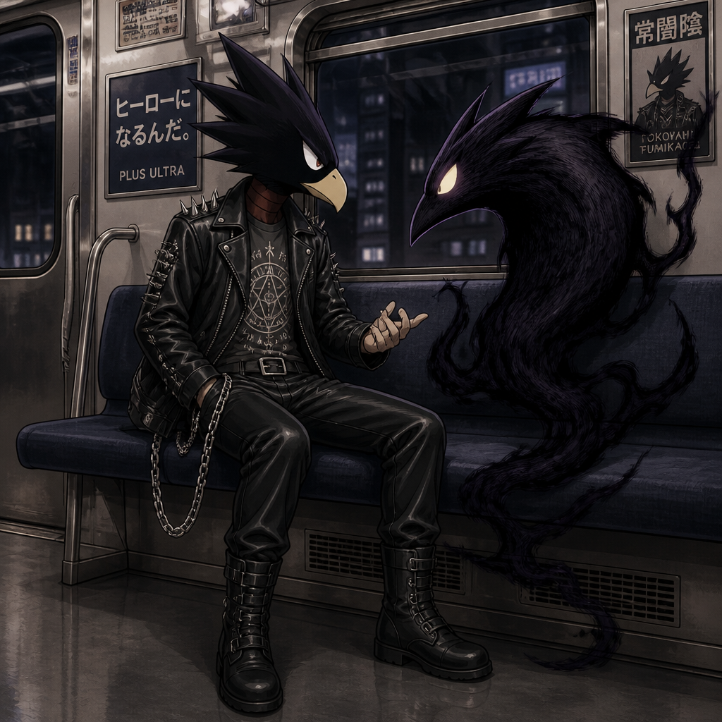Tokoyami Fumikage wearing leather pants with a chain hanging off the right hip, a grey shirt with arcane symbols, and a leather jacket with shirt spikes on the shoulders of the jacket. He is sitting on a train talking to his quirk Dark Shadow. Anime art style, full body.