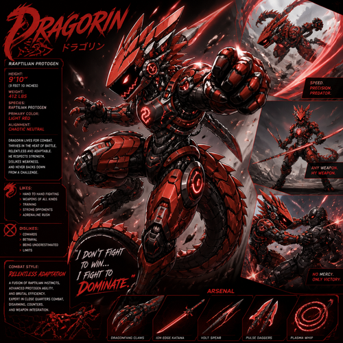 A young light red male raptilian protogen that’s mostly machine. Action packed pose, height of 9 foot 10 inches, likes hand to hand fighting and weapons. Has the name of Dragorin. Anime art style.