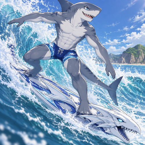 A high school aged anthropomorphic male great white shark wearing tight ocean themed swimsuit. He is surfing in the ocean on a blue eyes white dragon surfboard. Anime art style, solo, full body.