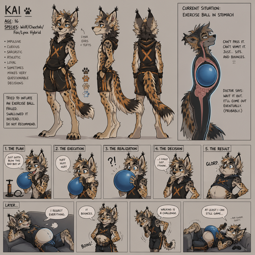 A teenager wolf cheetah fox and lynx hybrid who actually swallowed a exercise ball when trying to inflate it, animated version 
