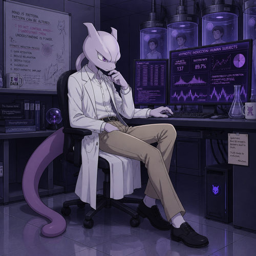 A high school aged male Mewtwo wearing tan khaki pants, white button up shirt, and a lab coat. He is sitting at his computer in his laboratory looking at the data he has collected on hypnotizing humans. Anime art style, solo, full body.