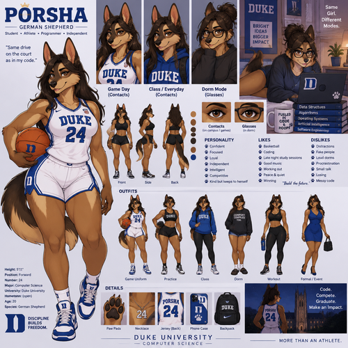 A beautiful curvy female German shepherd named Porsha who lives in a college dorm alone, goes to Duke University, plays basketball for Duke and is number 24, is majoring in computer science, wears contacts unless she’s in her dorm then she typically wears glasses, reference sheet, animated version 