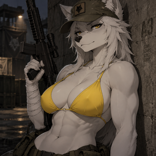 A high-quality 2D anime-style digital illustration of an anthropomorphic female wolf with an attractive, muscular physique—featuring strong biceps, a full bust, and defined abs—wearing a confident expression. She wears a weathered olive-drab military cap and a bright yellow bikini top. Her right arm is heavily wrapped in white bandages extending from the wrist to the mid-forearm, and she holds a black tactical rifle. She is leaning against a dark, textured concrete wall in a dimly lit urban setting. The composition is a half-body shot, focusing on her torso and face. The lighting is dramatic and directional, casting soft shadows and highlighting the contours of her silhouette. The color palette is dominated by muted earth tones, contrasting sharply with her white fur and the vibrant yellow of her swimwear. The atmosphere is rugged yet serene.