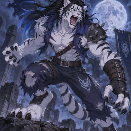Male, white tiger, blue eyes, long black hair with blue tips, digitigrade footpaws, black sideways crescent on forehead, anime style, weregarurumon, digimon, roaring