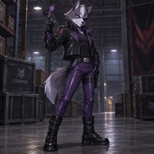 Wolf O’Donnell wearing a black with purple accents leather jacket and tight purple leather pants and black combat boots. He is standing in a warehouse, right hand raised twisting hypnotizing glasse with his index finger. Anime art style, full body.