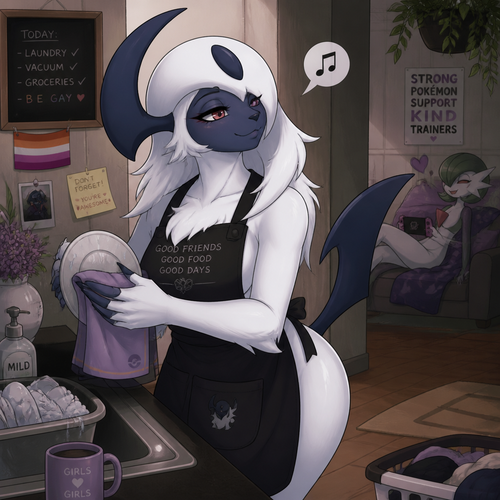 A well-made female Pokemon character, Absol. wears an apron and eyeliner. A lesbian. Doing chores. A good friend. Humming.