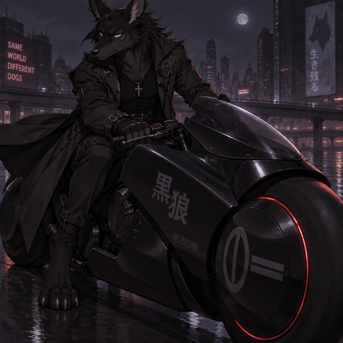 male, black fur, maned wolf, golden eyes, digitigrade footpaws, toned body,goth, wearing a trenchcoat, anime style, riding a black Akira motorcycle