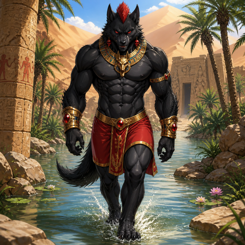 A male black dire wolf wearing Egyptian inspired red shorts, shirtless showing off 16 pack of abs, gold bracelets with ruby gemstones inlaid in them, gold choker with a Anubis design on it, ruby earrings that look like skulls, and short red mohawk. He is aggressively walking through a Oasis located in the desert. Anime art style, solo, full body.