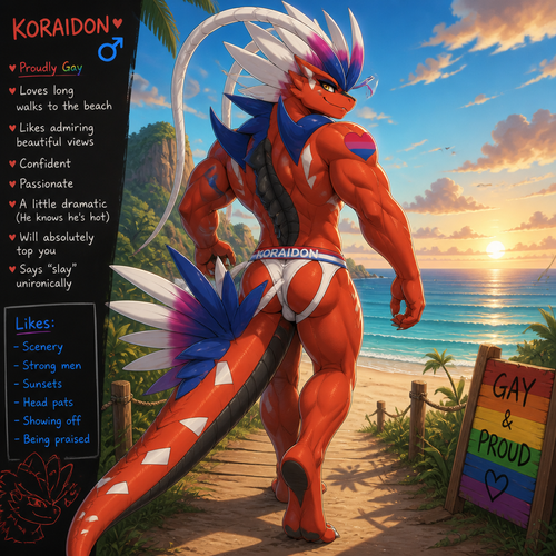 A well-made friendly homosexual male Pokemon, Koraidon. Wears eyeliner. Wears jockstraps. Walking towards the beach. Gay and proud. Likes looking at a view.
