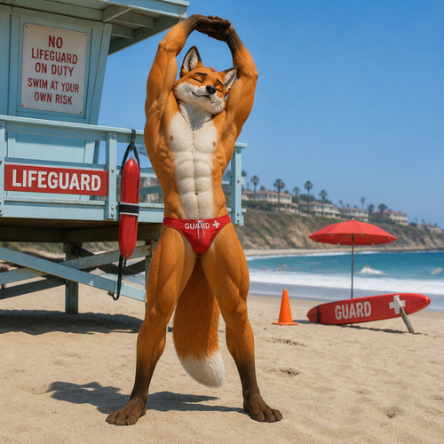 A male fox stretching from a hard days work. He is a lifeguard at a beach. Wearing a Speedo and no shirt. Full body.