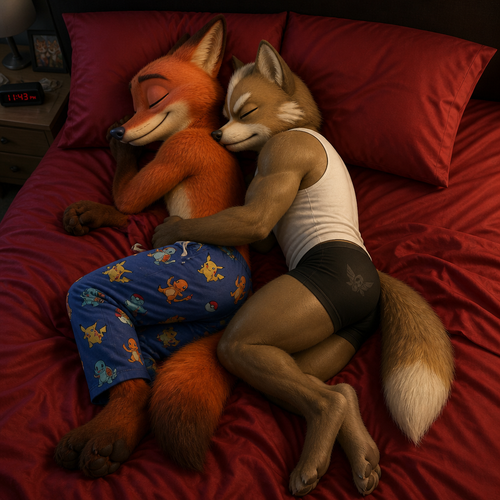 Nick Wilde wearing Pokémon style pajama pants sleeping on a big bed with red sheets. Sleeping next to him is his boyfriend Fox McCloud wearing tight black boxers and a white sleeveless shirt.