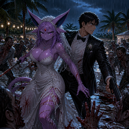 In this reality, at the wedding right before everything was perfect but then after the zombies came crashed and ruined the party became a blood bath. A busty adult female anthro Espeon the bride and her human groom as husband and wife stand together and face the living dead at night. A well-made anime version. A modern life. On a tropical island. Gotten all wet by the rain.