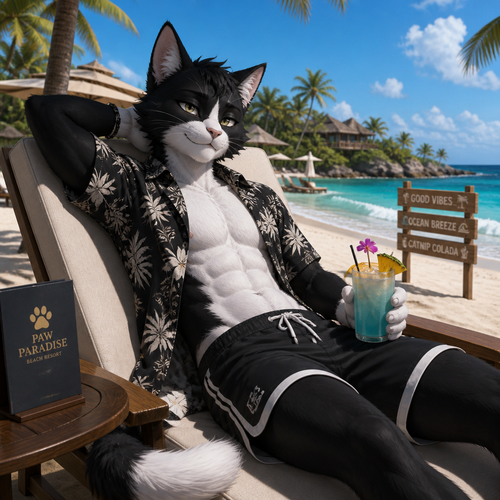 A anthro Cat with black/white fur just relaxing at the beach on a resort.