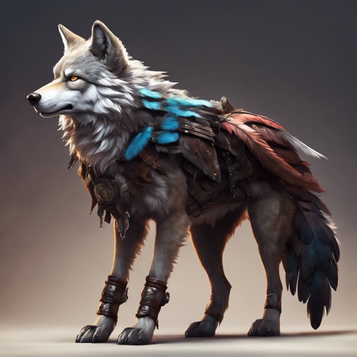 side view of photorealistic wolf on four legs with feathers and leather armor and dramatic lighting