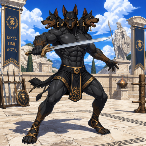 A male anthropomorphic Cerberus wearing Greek inspired shorts, shirtless showing off a 16 pack of abs, Greek sandals, and golden bone earrings. He is in a Greek training grounds practicing his sword work. Anime art style, solo, full body.
