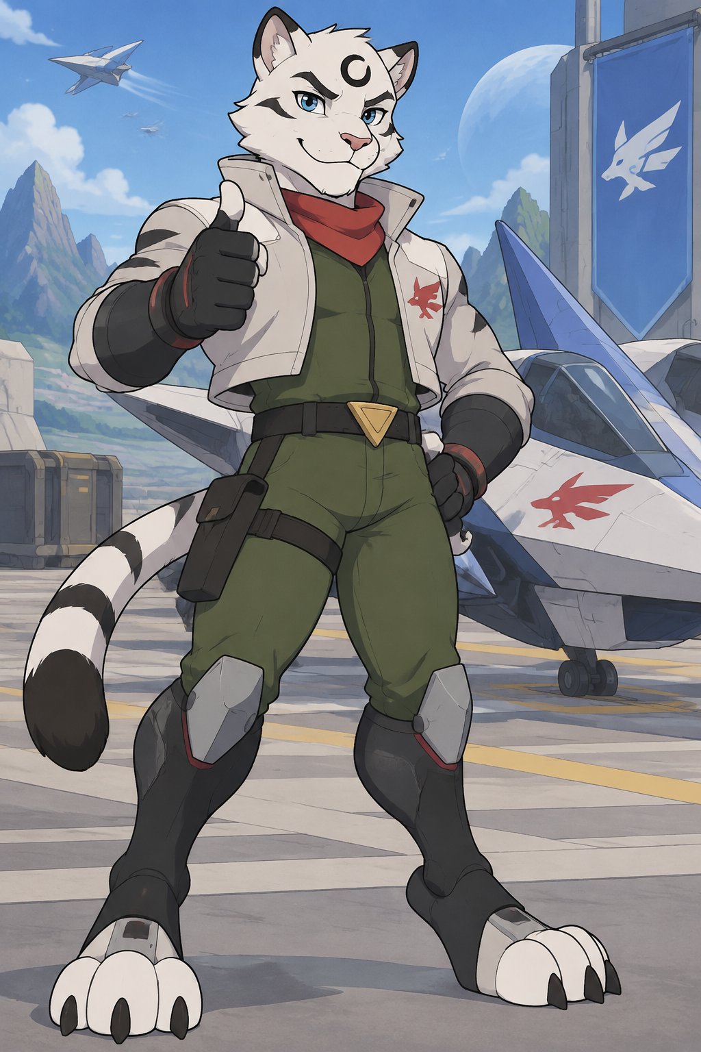 male, white tiger, anthro, digitigrade feet, blue eyes, black crescent on forehead, starfox style