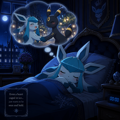 A nervous and shy Glaceon (the Barron) who’s sleeping at his bed at his mansion, dreaming about happily seeing Rick (the non-rich Umbreon male) and holding hands. And smiling peacefully like being healed. Well-made animated version. A modern life. At midnight.