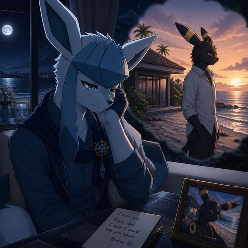 In an anthropomorphic Pokemon universe, A sad Glaceon (the adult Barron) who misses a non-rich grown Umbreon male who lives in a small modern house at the beach in Hawaii, and wishes to see him again. Well-made anime version.