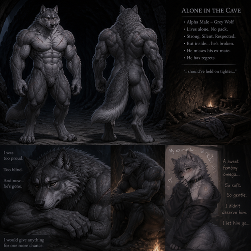 The well-made big and buff alpha male grey wolf tribe at front/rear view who lives in a cave all alone with no pack and misses his ex-mate (a grown male femboy fuzzy omega grey wolf tribe) sadly depressed and have regrets.